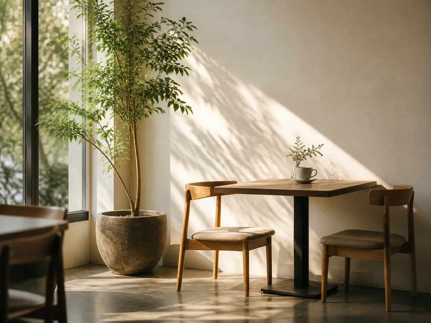 窓際の木製テーブルと椅子、観葉植物があるコンセプト画像